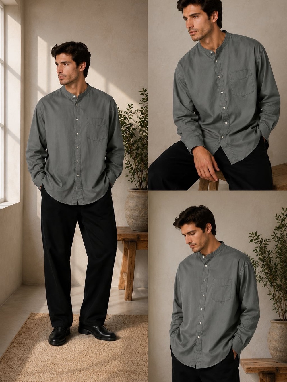 Ralph Lauren Men's Slate Band-Collar Button-Down Shirt size 17.5